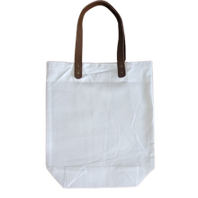 Load image into Gallery viewer, Amazing 100% cotton tote bags with leather handle. Great for taking all of your shit with you in one bag!! LOL One bag that you&#39;ll be carrying around all the time!! Your everyday bag that u can use for everything....grocery shopping, farmers market, library bag, book bag &amp; yes, your bag for holding your liquor!!! LOL  My favorite is to use these as a gift bag... giving a gift inside a gift. Like liquor!!! :)   15.5&quot; x 16&quot; x 5.5&quot; 100% cotton  machine washable