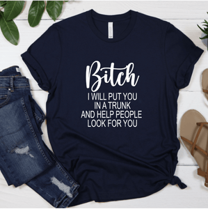 Funny sassy smart-ass B**ch blue/Navy & white unisex t-shirt. Short sleeves, soft as ever. You will stand out in the crowd, Be crazy, be sassy, be smart-assy!! And get one for your friends that are just like you, you know who they are!!

Bella canvas TTS    Cotton


