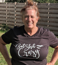 Load image into Gallery viewer, Here&#39;s the easiest Halloween costume yet!! This shirt tells them all who you are &amp; what you&#39;re like LOL!! Wear it with a batty headband and you&#39;re all done!!!   Funny Bat Shit Crazy t-shirt  Unisex sizing. If u like tighter fit, buy one size smaller. Bella Canvas