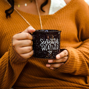 "Sweater Weather" coffee or tea mug, 15 ounce speckled campfire style mug.