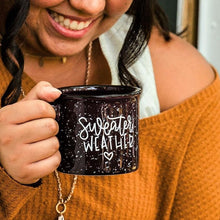 Load image into Gallery viewer, &quot;Sweater Weather&quot; coffee or tea mug, 15 ounce speckled campfire style mug.