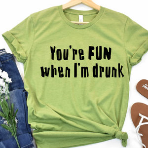 Here's THE best t-shirt to wear when you're goin' to the bar on St Paddy's Day with friends!! How many conversations you think will start because of this shirt?? How many new friends you think you'll make?? Maybe too many LOL   Funniest "Your Fun when I'm drunk" t-shirt for you AND your friends!!!  Bella Canvas (unless unavailable)  Unisex, TTS Machine wash inside out
